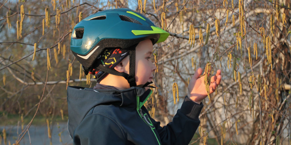 child in a helmet, under a tree